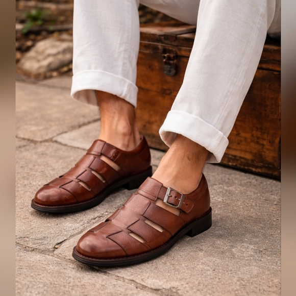 Flag Sandals Men\'s 13 Brown Cigar Leather Monroe Fisherman Casual Chic New $170 main image 16